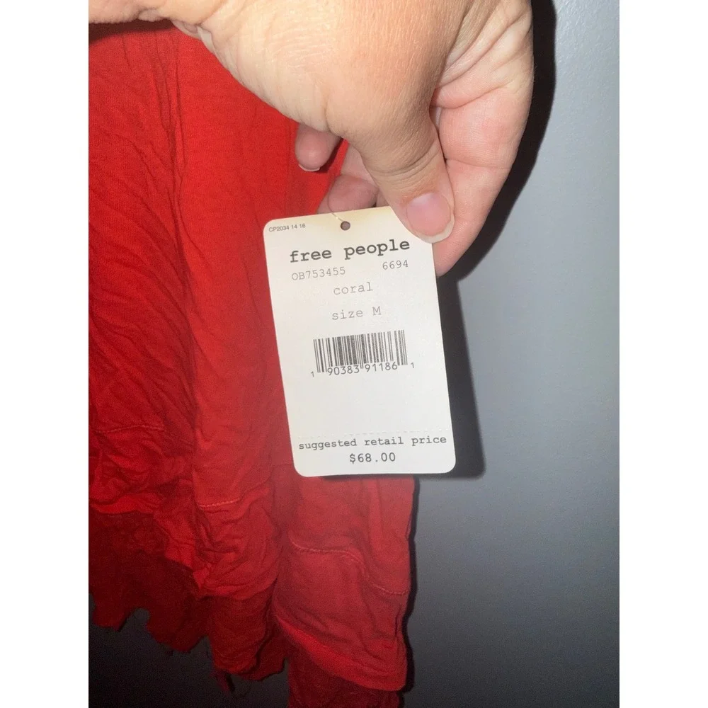 Free People We The Free Coral Red Layered Frayed Hem V-Neck Tank Top Medium NEW